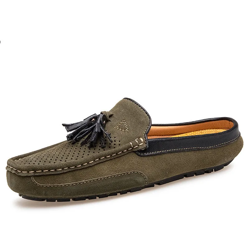 

Summer Tassel Half Shoes Men Luxury Brand 2021 Italian Fashion Slipon Men Lazy Shoes Suede Leather Slippers Men Loafers Green