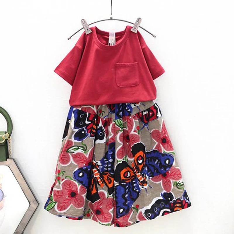 2020 Summer Girls' Clothing Sets Japan & South Korea Pocket T-Shirt + Wide Leg Pants 2PCS Kids Clothes Suit Children Clothing