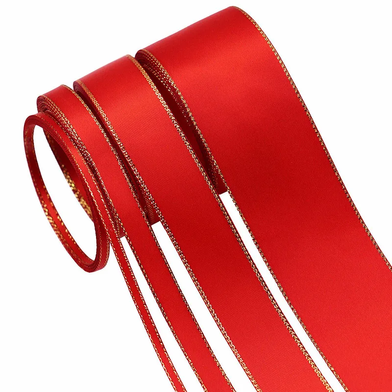 Red Satin Ribbon with Gold Edges Double-sided Gold Rim Ribbon for Gift Box Packaging, Hair Decoration, Diy Butterfly