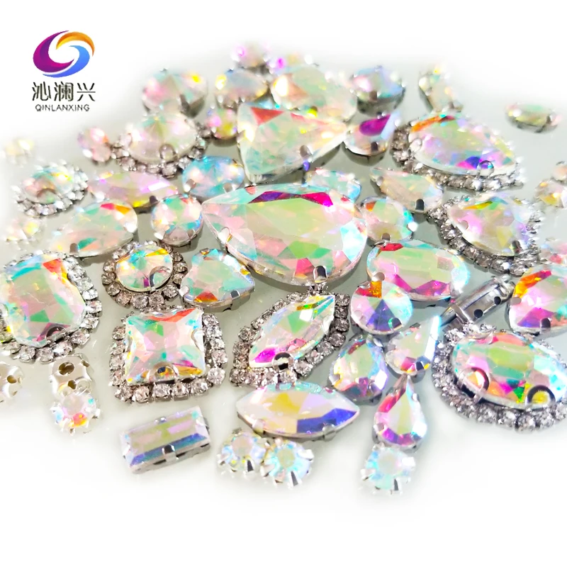 Mix Shape 50Pcs AB Color Crystal Buckle Glass Rhinestones, Silver Base, Sewing Accessories, Used for Needlework