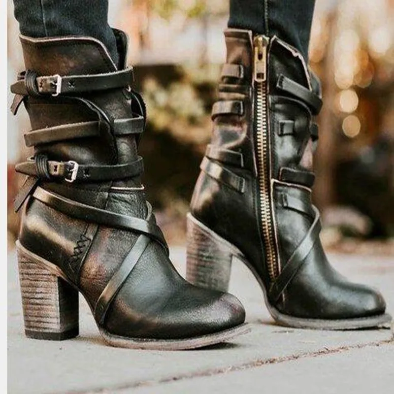 Fashion Punk Gothic Style Buckle Strap Round Toe Boots Women Shoes Zipper Boots Street haulage motor mujer zapatos 2019