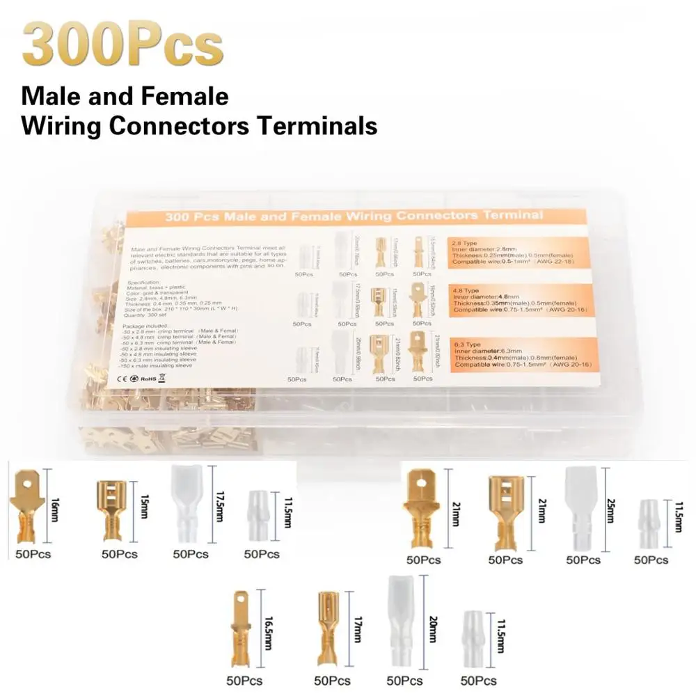 

300pcs male and female wiring connectors terminal kit crimp terminal insulting sleeve Spade Connectors Assortment Kit