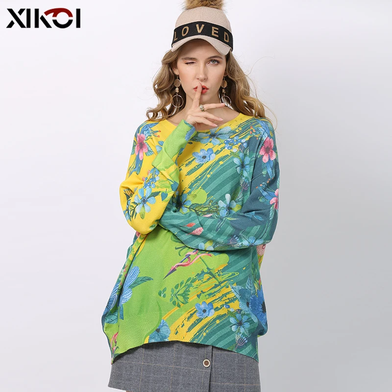 XIKOI Winter Flowers Print Sweater Women Pullovers Knitted O-Neck Jumper Women Oversized Warm Sweaters High Elastic Pull Femme