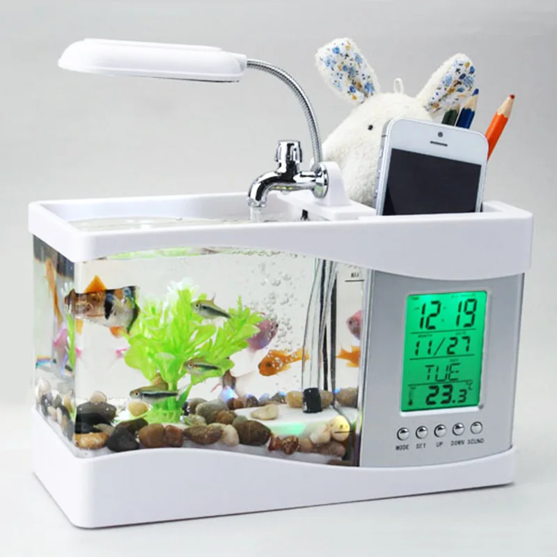 USB Mini Goldfish Tank Desk Lamp Bedroom Small Ecological Aquarium Office Decoration Perpetual Calendar Fish Tank Clock