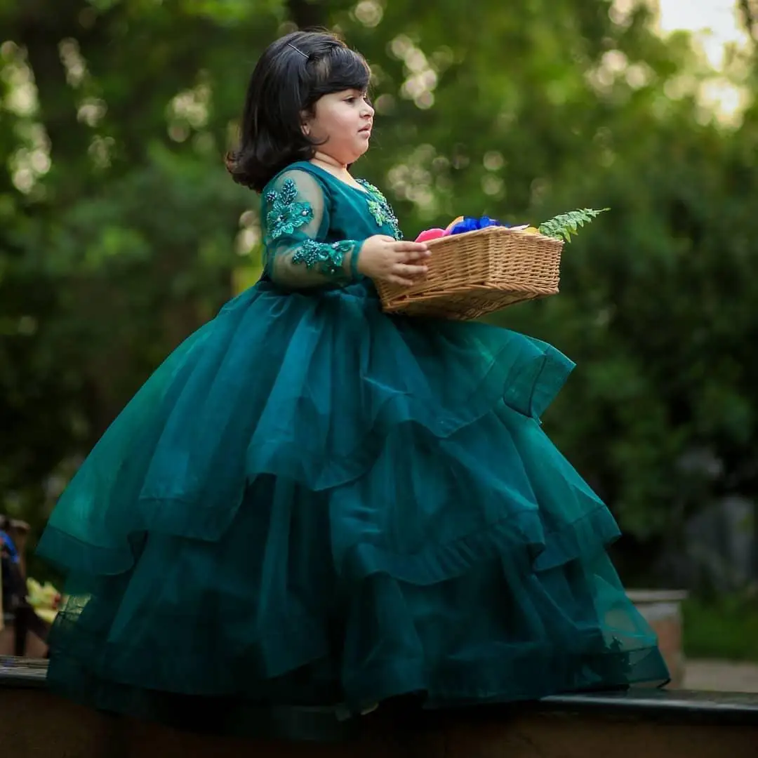 Smaragd Grün Blume Mädchen Kleider für Hochzeiten mit Perlen Prinzessin Volle Hülse Ballkleid Vintage Pageant Kleid für Kleine Kinder