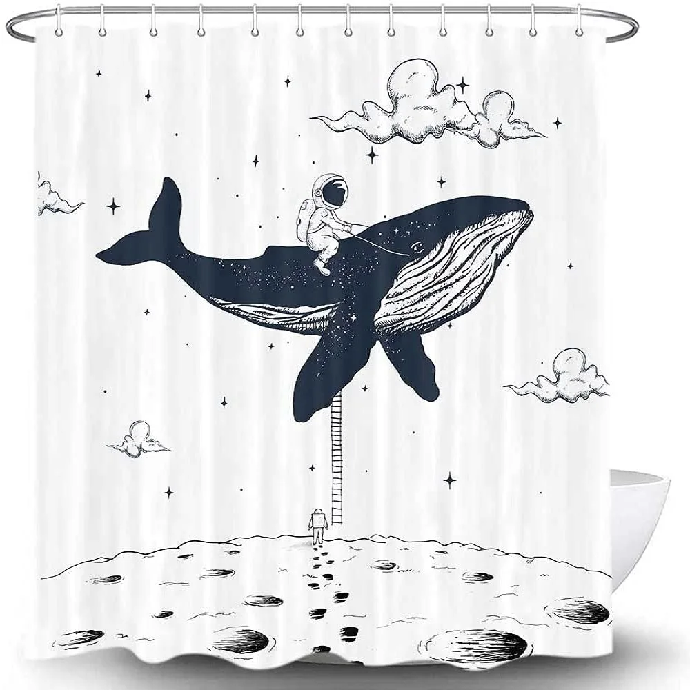 

Cute White Kids Shower Curtain Cool Astronaut Bathroom Decor, Fantasy Whale Planet Boys Girls Cool Bathtub Curtains,