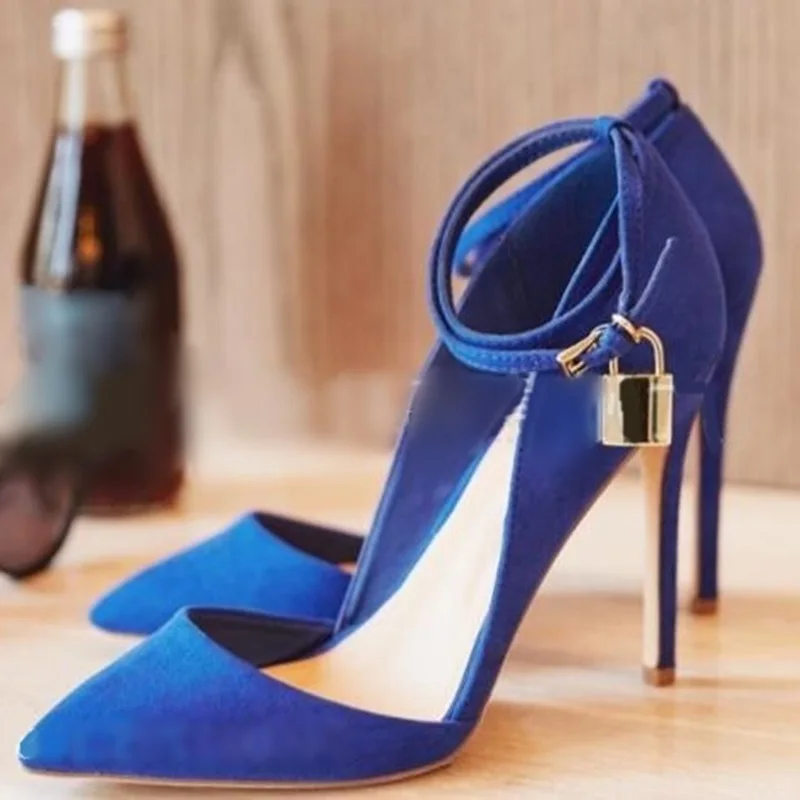 

Elegant Lock High Heel Shoes Ankle Strap Cut-out Shallow Women Dress Shoes Blue Beige Suede Party Heels Celebrating Shoes