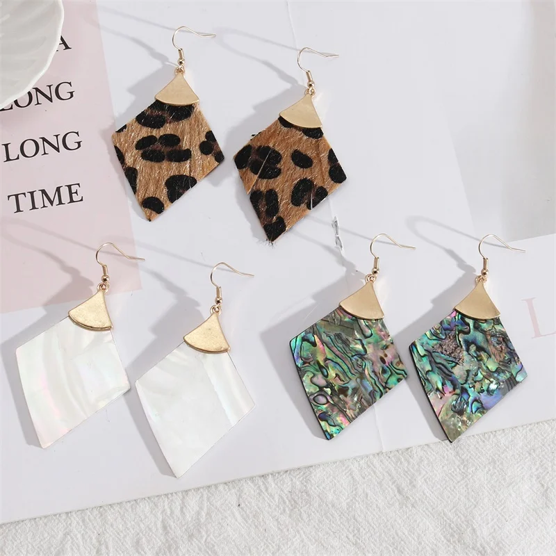 Rhombus Shape Abalone Shell Paper Leopard Leather Earrings Gold Color Brincos Pendientes Fashion Brand Jewelry Women