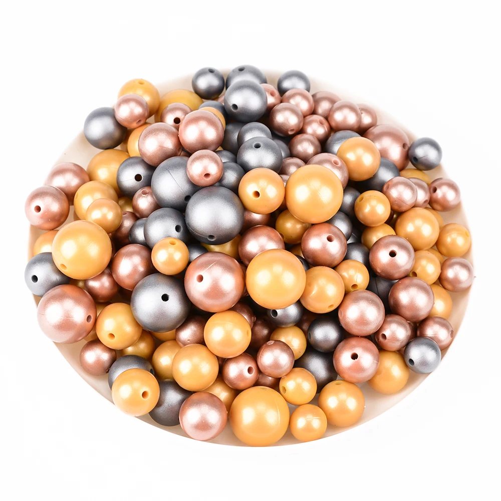 LOFCA 20pcs Metallic Golden Print Silicone Beads 19mm Food Grade Silicone 12mm Sliver Pearl Teether Beads DIY Teething Nursing