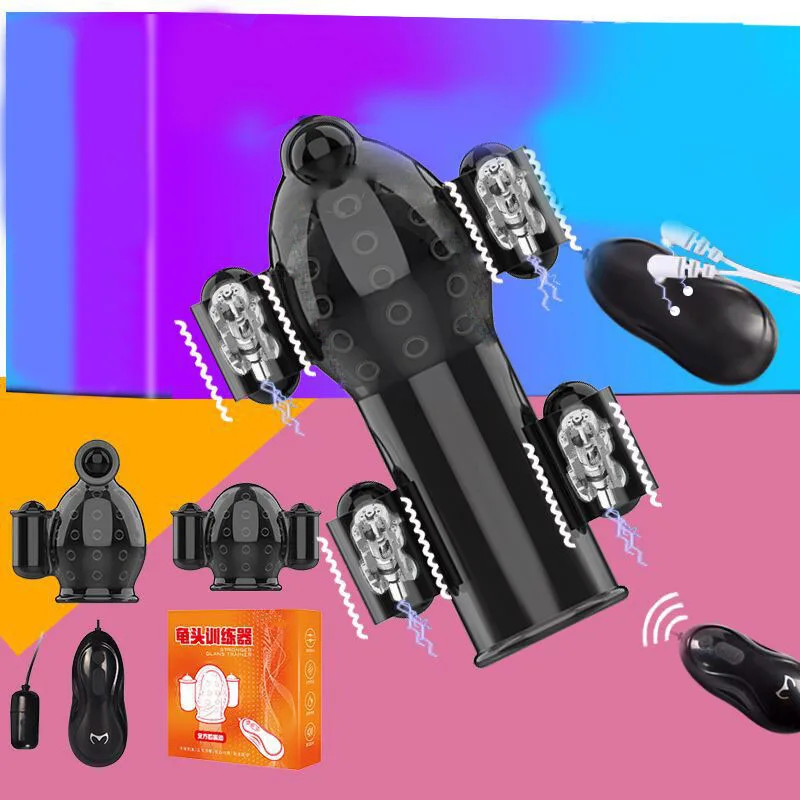 Electric Shock Glans Vibrators Ring For Male Masturbator Penis Delay Lasting Trainer Massager With 5 Caps Adult Sex Toy For Men