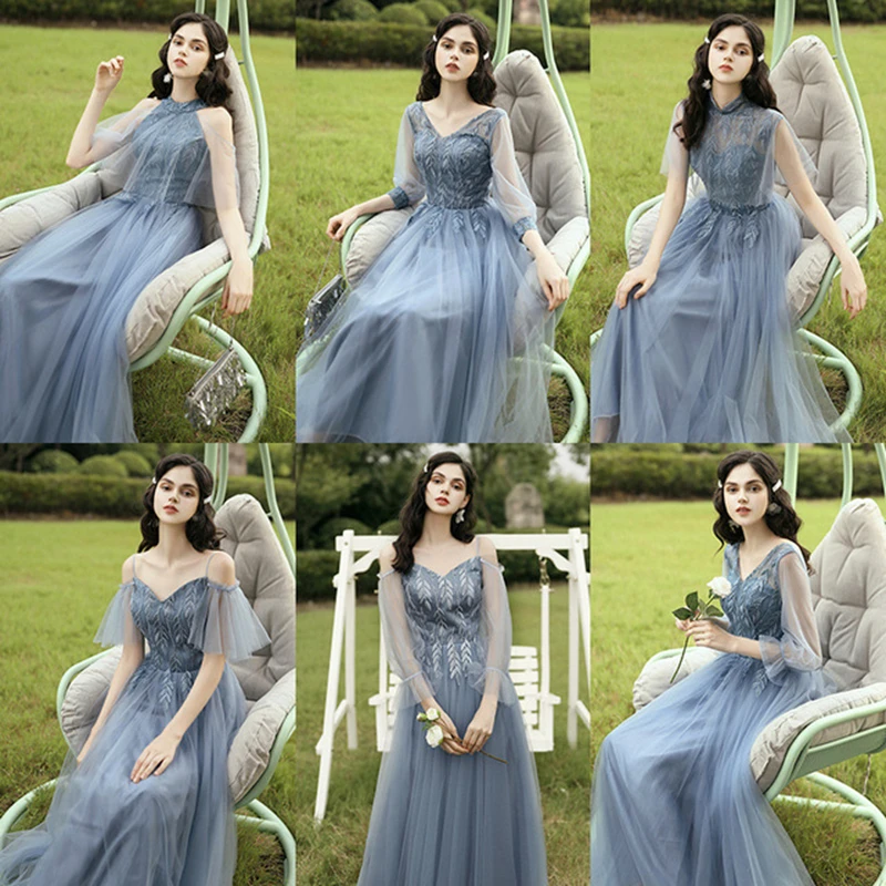 Bridesmaid dress blue long evening dress 2020 autumn winter fairy dress was thin bridesmaid evening dress women chorus costume