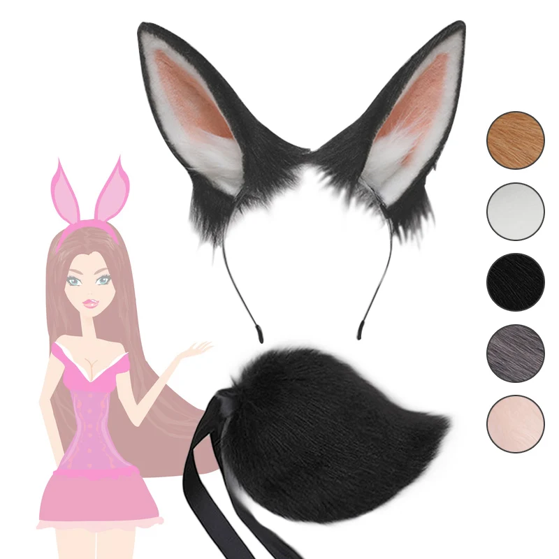 Oreilles de lapin en fourrure réaliste pour femme, bande de sauna, queue d'animal en peluche, accessoires de cosplay, robe de paupières de fête de carnaval, accessoire de costume d'Halloween