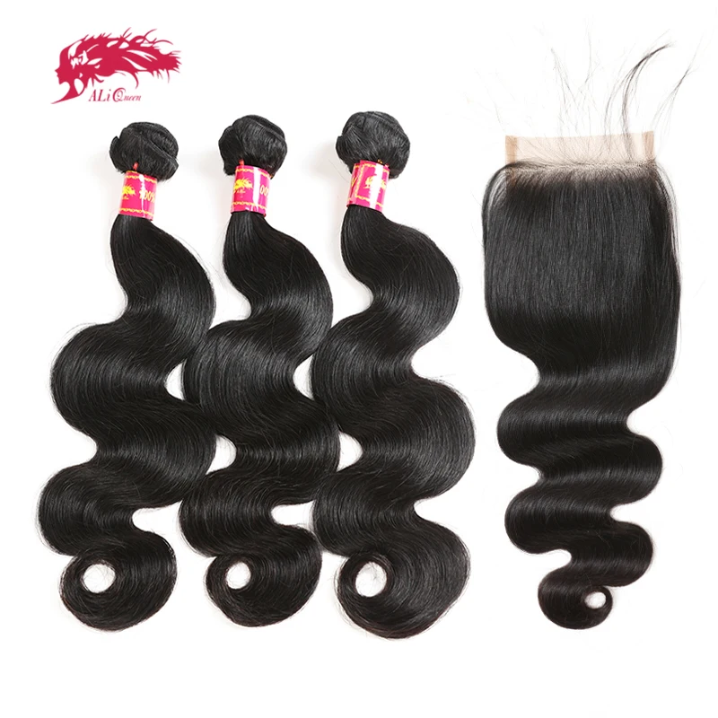 Ali Koningin Haar Braziliaanse Body Wave Raw Virgin Haar Bundels Met Sluiting 4X4 Transparant Hd Vetersluiting Met baby Haar Gratis Deel