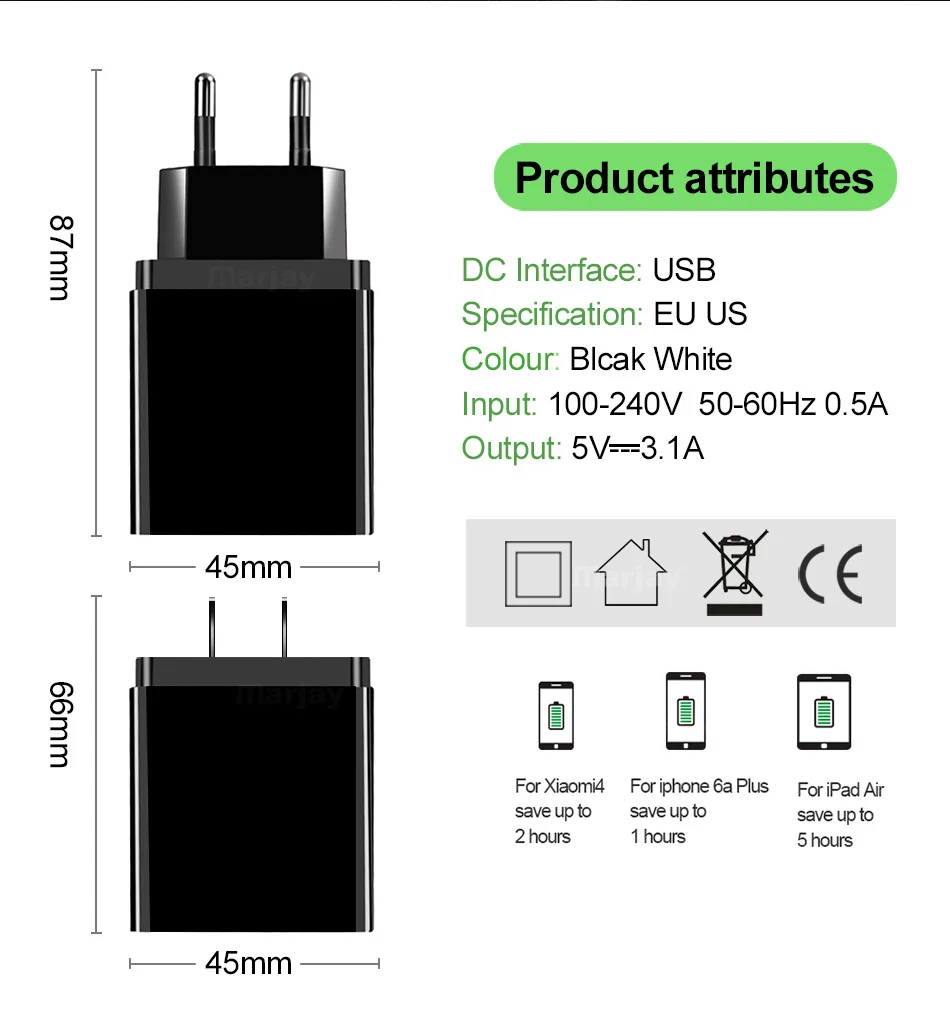 Elough 3 USB Charger for iPhone Samsung Xiaomi Digital Display Total Max 3.1A Fast Charging Tablet Mobile Phone Charger EU US UK