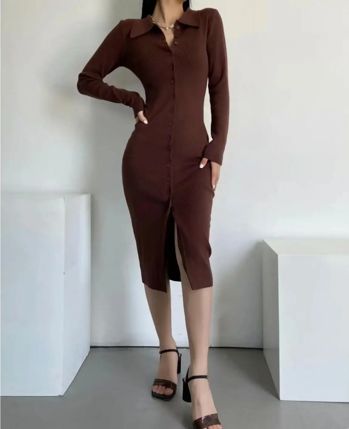 2021 Women Sexy Lapel Single-Breasted Buttons Bodycon Dresses Midi Slit Long Sleeve Sweater Dress Package Hips Slim Robe Vestido