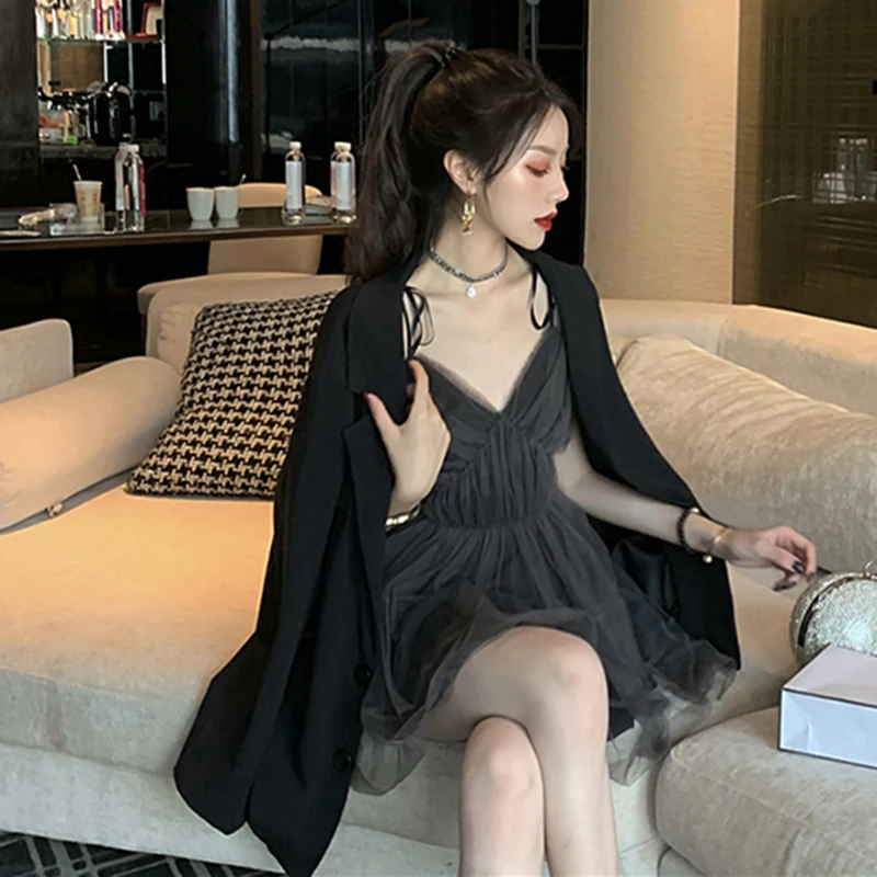 Women's Gothic Sexy V Collar Dress Vintage Y2K Spaghetti Strap Mesh Patchwork Mini Dresses High Waist Summer Vestidos 2023