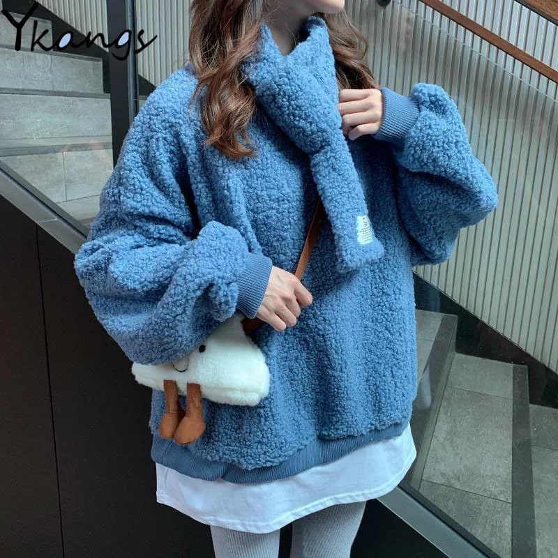 With Scarf Women Casual Faux Fur Lamb Plush Thick Coat Jacket Winter Warm Korean Harajuku Loose Girls Student Outerwear Pullover