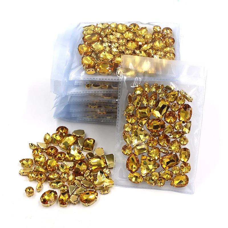 Hot sale Wholesale 5 bags mixed shape sew on glass Golden yellow gold base  rhinestones diy dress/Clothing accessories