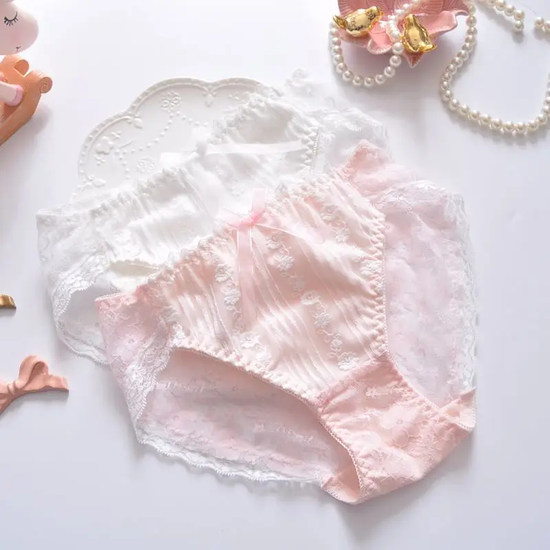 Japanese Style Princess Sexy Cotton Lace Underwear Hollow Breathable Cute Lovely Girls Panties Middle Waist Soft Bow Breifs