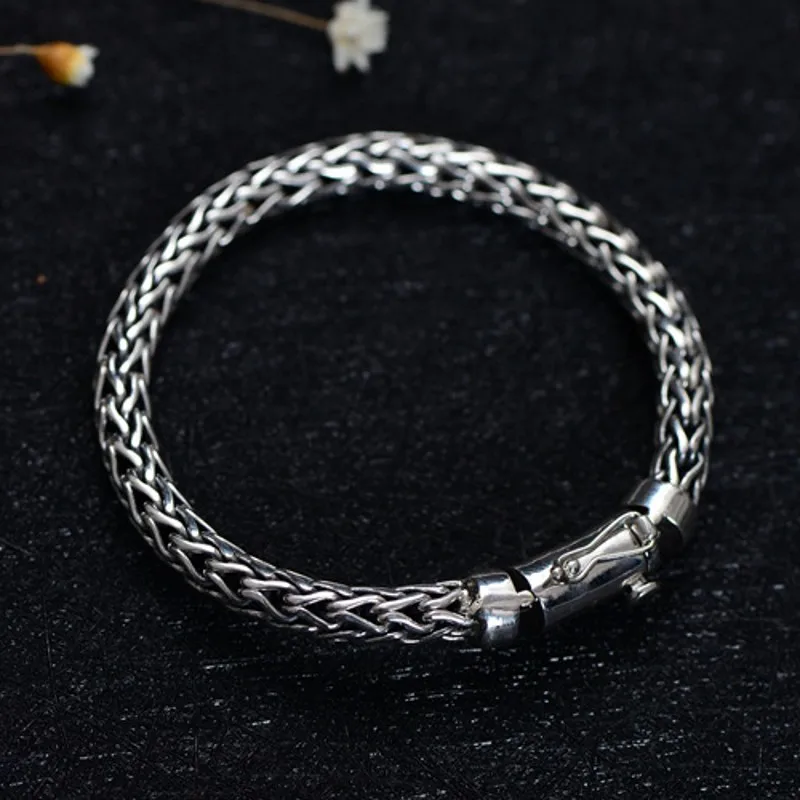 BOCAI New Pure S925 Sterling Silver Vintage Hand-Woven Twist Trendy Couple Personality Man Bracelet