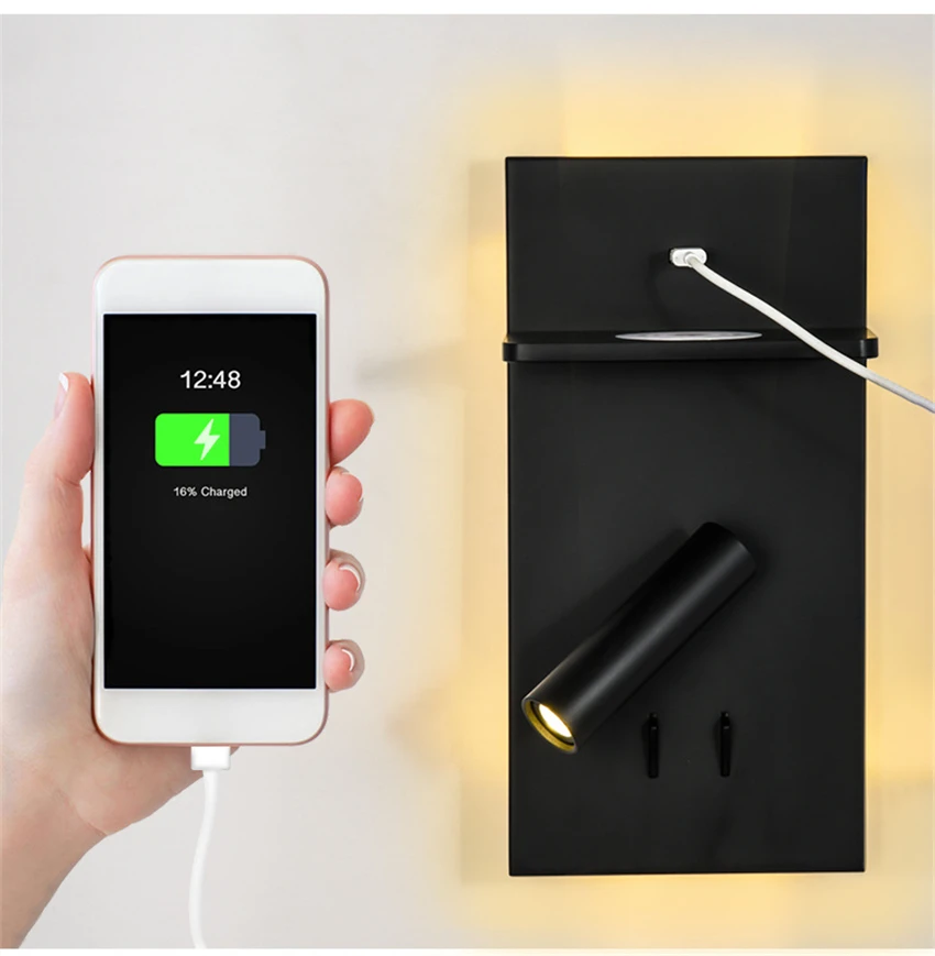 Modern Hotel bedroom wall lamps bedside LED reading sconces lights Homestays USB wireless charging multi-function lighting