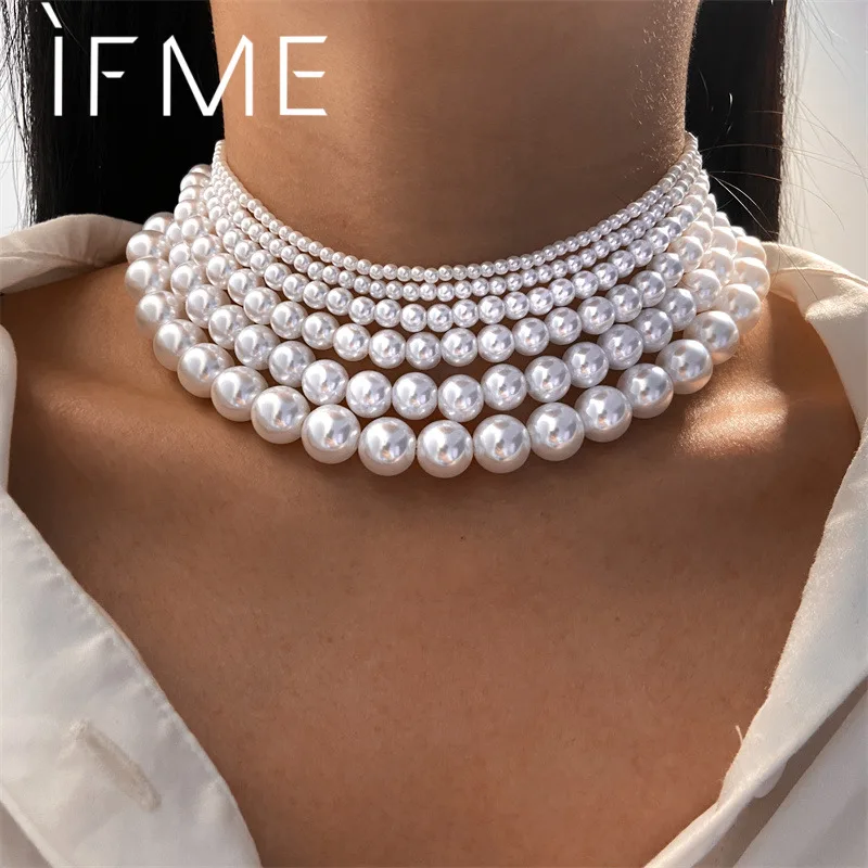 IF ME Classic White Pearl Necklace for Women's Choker Beads Immitation Pearl Collar 14mm Simple Big Neck Choker Trendy Jewelry