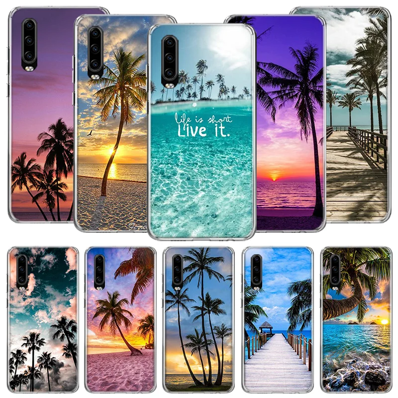 Summer Beach Scene at Sunset on sea Palm Tree Phone Case For Huawei P50 P10 P20 P30 P40 Pro Cover Mate 40 30 20 10 Lite Capa