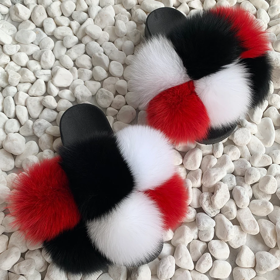 2024 Pom Pom Fur Slippers Women Fluffy Sliders Furry Sandals Real Rabbit Fur Slippers Fox Fur Slides Multicolor Customize