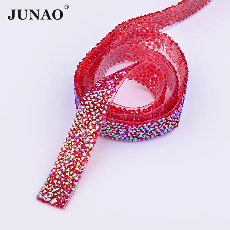 

JUNAO 5 Yard*15mm Red AB Hotfix Rhinestones Chain Trim Glitter Crystal Patch Iron on Strass Ribbon Applique for Decorative