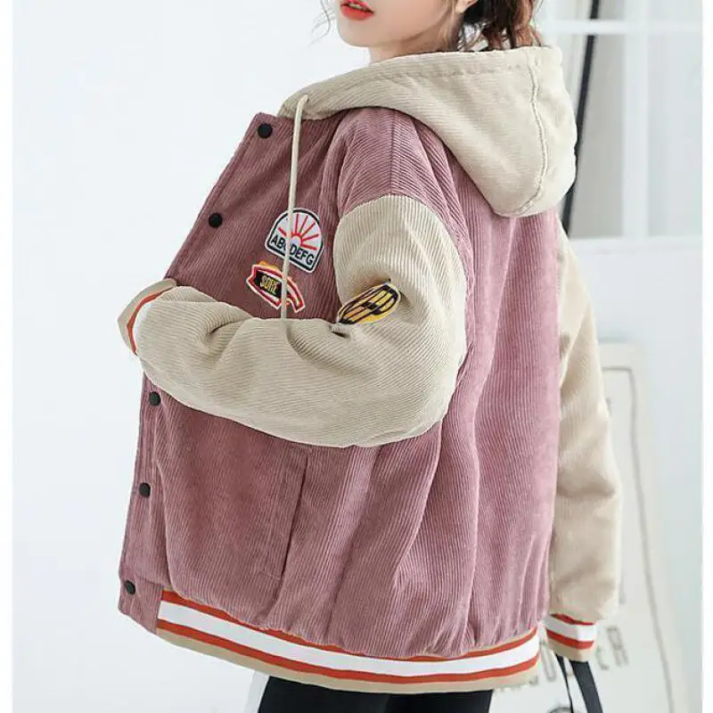 Winter Fashion Blue Plus Velvet College Style Women\'s Hoodie Casual Corduroy Stitching Harajuku Letter Coat Cardigan Sweatshirt