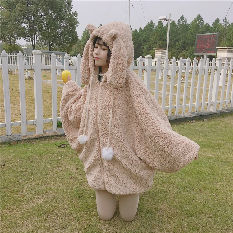 Holding your clothes corner autumn and winter 2019 new Japanese soft girl cute rabbit ears hooded plush thick coat women