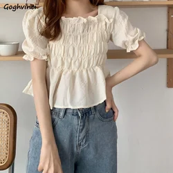 Blouses Women Puff Short Sleeve Cropped Solid Simple Korean Style Summer Student Gentle Feminino Tops All-match Fashion Leisure