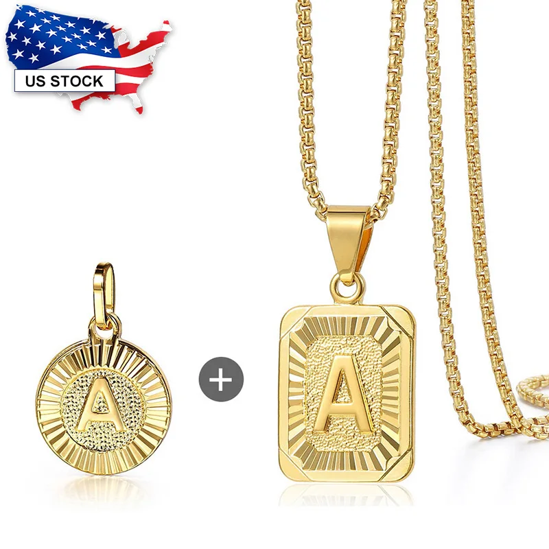 Initial Letter Round/Square Pendant Necklace for Women Men Yellow Gold Color 2mm Stainless Steel Box Link Chain LGP418GP62