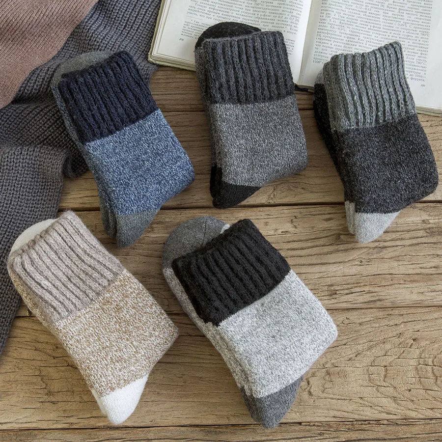 5 Pairs/Lot Wool Socks Men Thick Warm Winter Cashmere Color Blocking Design Vintage Fashion Socks Male Meias 7 Colors Hot 2023