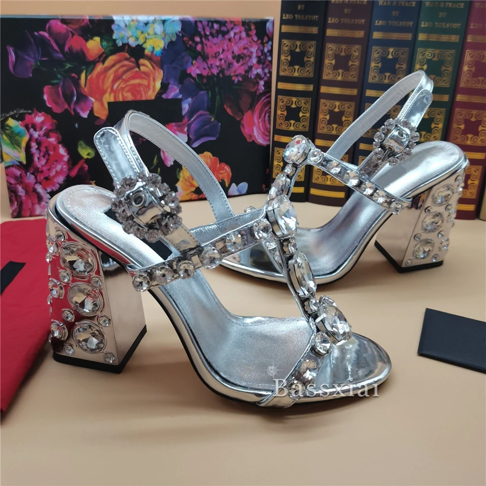 Jeweled Diamond T-Strap Wedding Shoes Bridal Crystal Chunky Heel Genuine Leather Rhinestone Sandals Women For Girls Summer