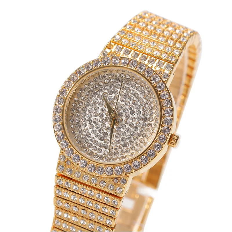 New Wrist Watches for Women Round Dial Stainless Steel Belt Watch AAA Iced Out Cubic Zirconia Watch