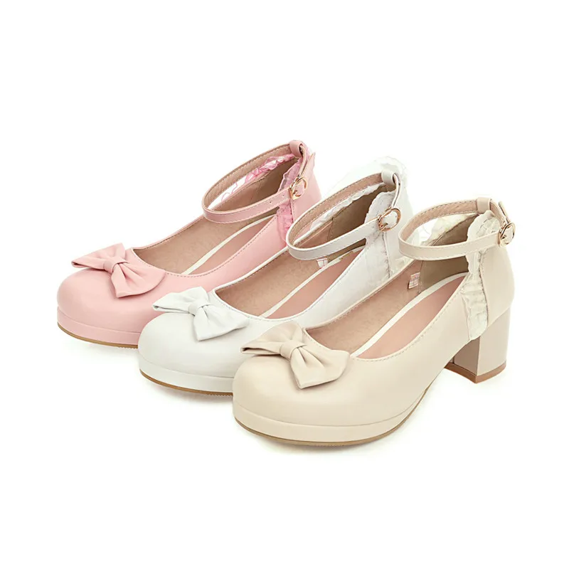 YQBTDL White Wedding Heels Pink Block Chunky High Heel Lolita Shoes Female Princess Bow Knot Ankle Buckle Summer Women Pumps 43