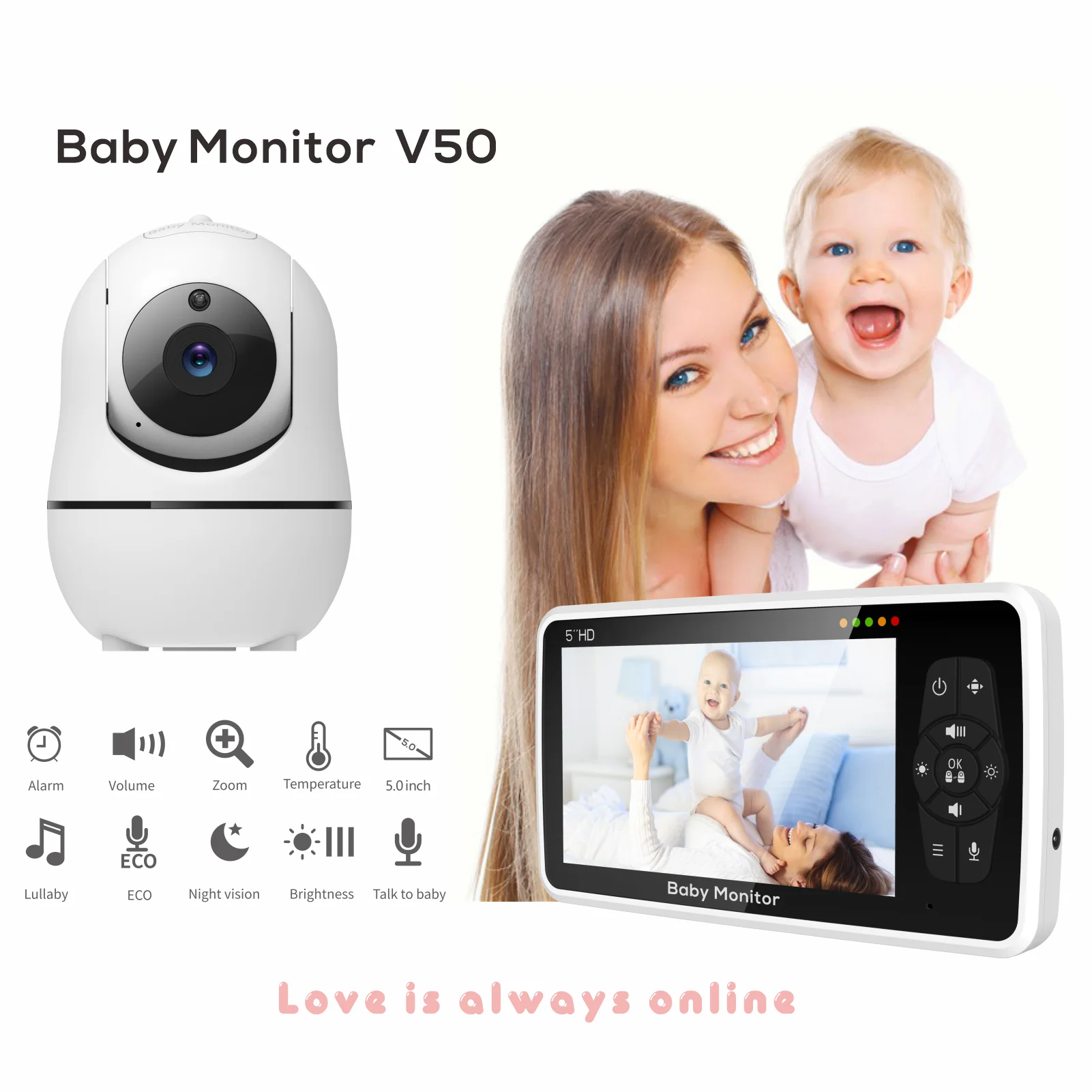 New 5 Inch Video Baby Monitor with Camera and Audio, 4X Zoom, 22Hrs Battery, 1000ft Range 2-Way  Temperature Sensor Lullaby