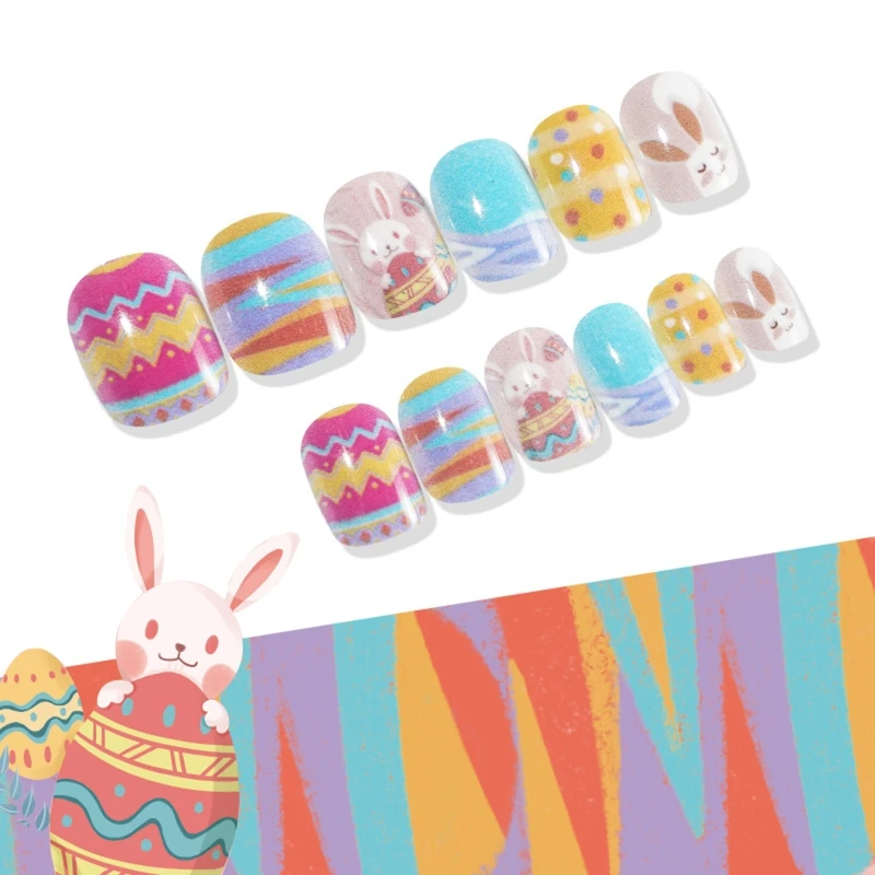 Q1QD Bunny Press On For Kid Easter Nails Self Adhesive Rabbit Decal Full Cover False Nails Pre-glue