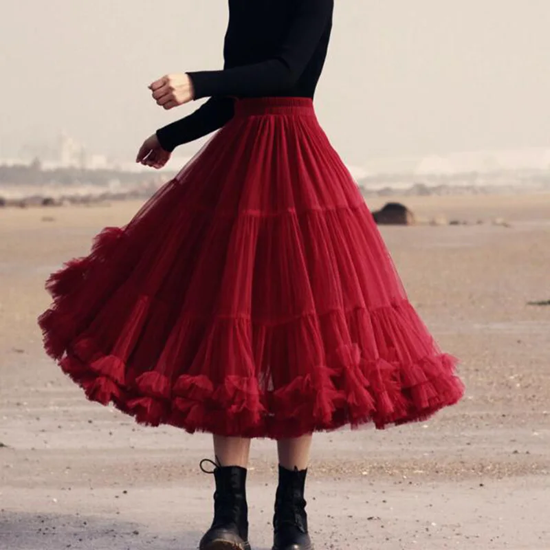 Elegant Charming Burgundy Ankle Length Tulle Skirts For Women Elastic Waistline Puffy Tutu Skirt Female Adult Saias Custom Made