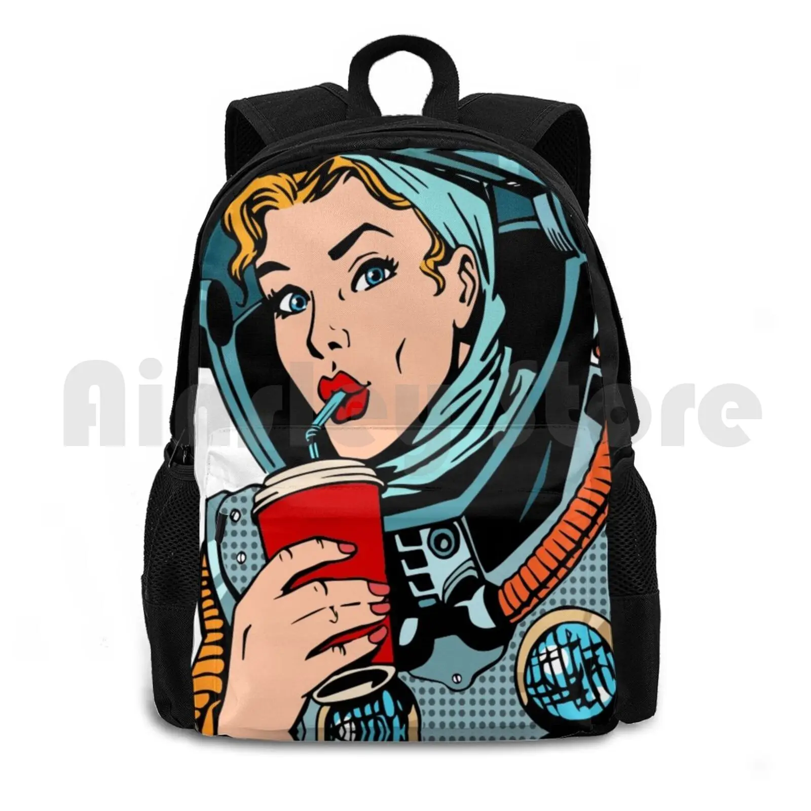 Space Woman In Red Lipstick Drinking Outdoor Hiking Backpack Waterproof Camping Travel Pop Art Red Lipstick Kiss Pop Culture