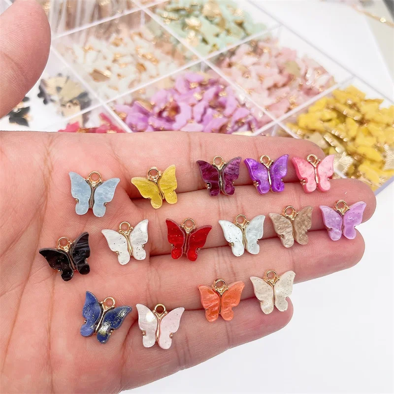 10Pcs 14x14mm Cute Sweet Butterfly Pendant Multicolor Acrylic Insect Golden Alloy Charm For Jewelry Making Accessories Wholesale