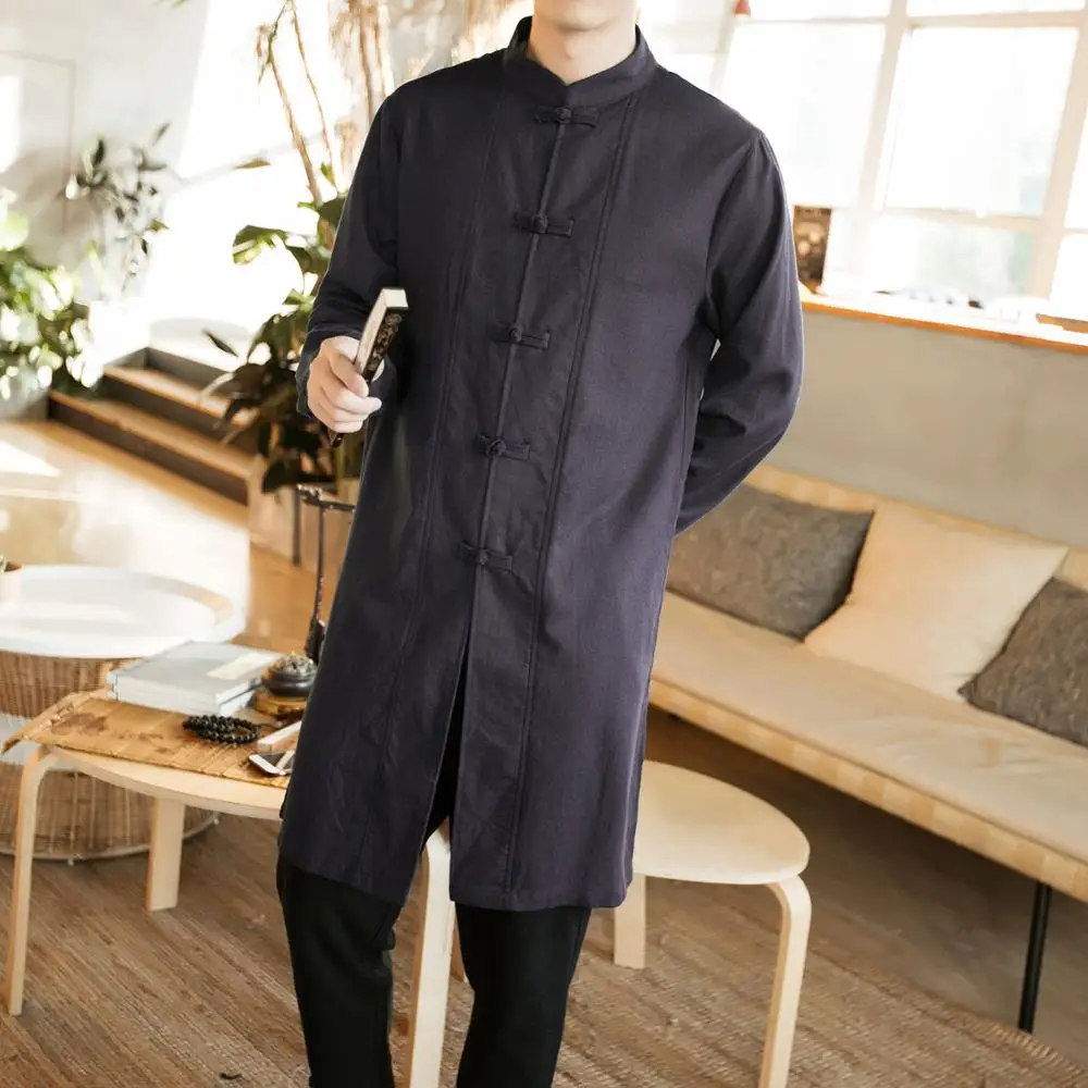 Traditional Chinese Clothing For Men Male Overcoat Outerwear Oriental Robe Trench Coat Men Cotton Linen Long Shirts Tops CN-120