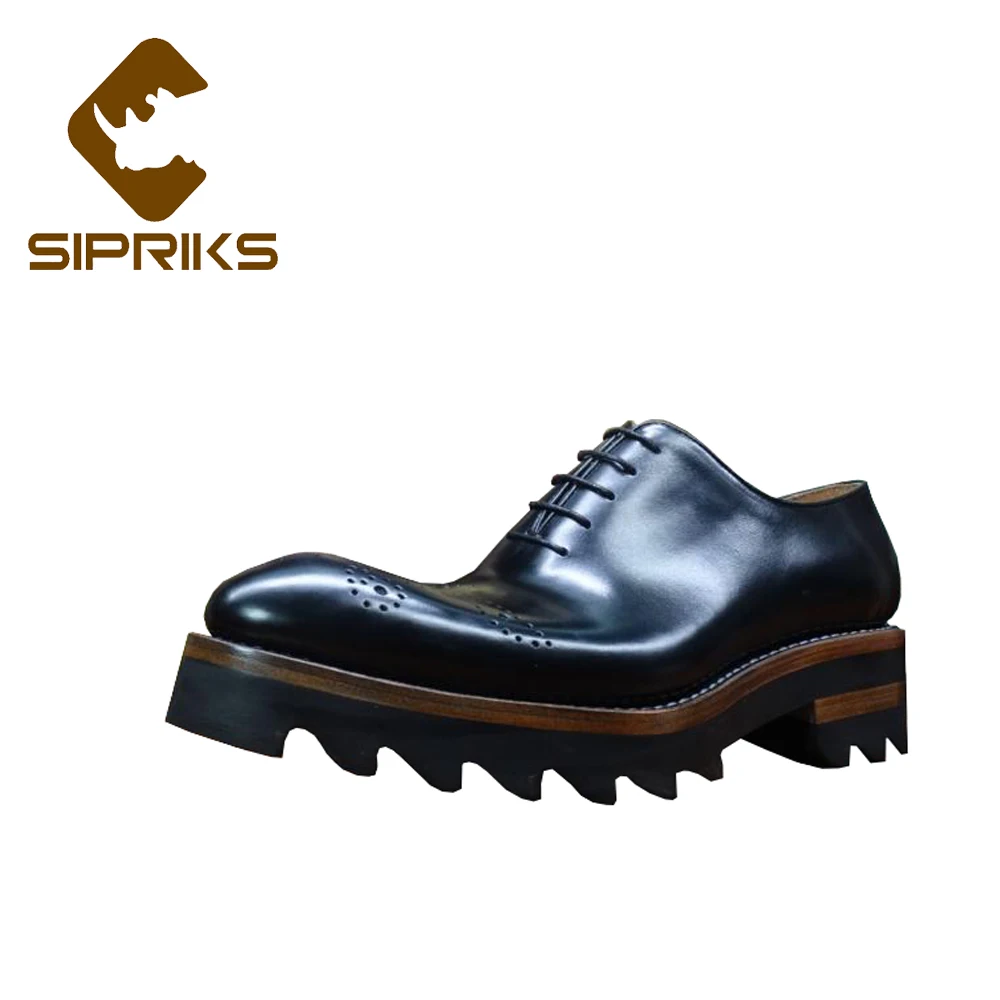 Sipriks Men's Carved Calf Leather Oxfords Thick Outsole Brogue Shoes Elevator Italian Heighten Dress Platform Shoes Shiny Point