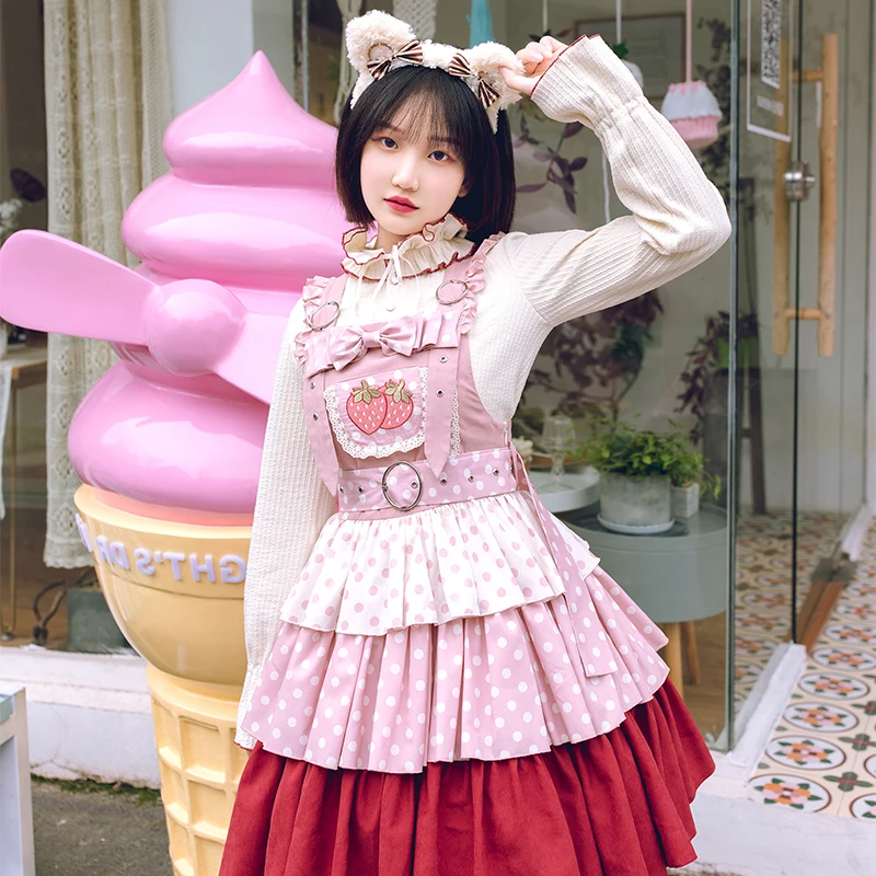 Japanischen süßen mädchen lolita kleid Erdbeere strap kuchen kleid hohe taille viktorianischen kleid kawaii mädchen schöne lolita loli cos