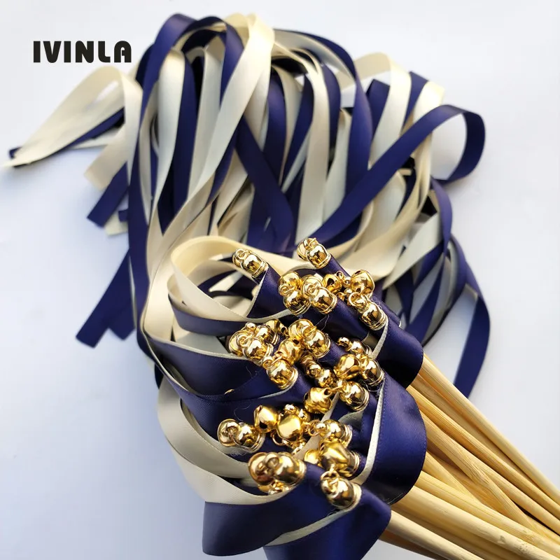 50pcs/lot dark blue and cream wedding ribbon wands with gold bell for wedding party