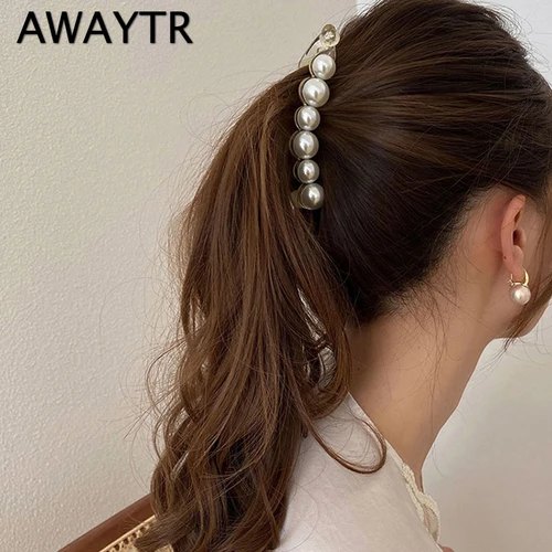 AWAYTR, 1 pieza, horquillas con perlas, pinzas para el cabello, joyería, Clips de plátano, tocados, horquillas para mujer, pasadores de cola de caballo para niña, accesorios para horquillas