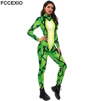 Fccexio Green Snake Sexy Gedrukt Vrouwen Jumpsuit Carnaval Party Cosplay Kostuum Bodysuit Volwassenen Fitness Onesie Outfits