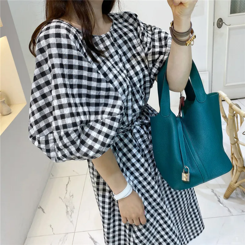 

Women Plaid Maxi Dress Summer Korean Girls Vintage Lantern Sleeve Long Loose Casual Vestido Feminino