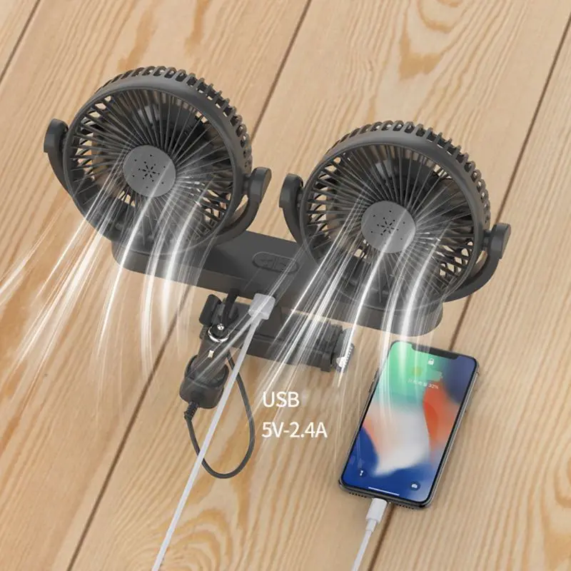 Universal 12v 24v ventilador de carro elétrico 360 graus rotatable 3 velocidade dupla cabeça do carro ventilador de ar de refrigeração automático com 5v usb carregador de celular